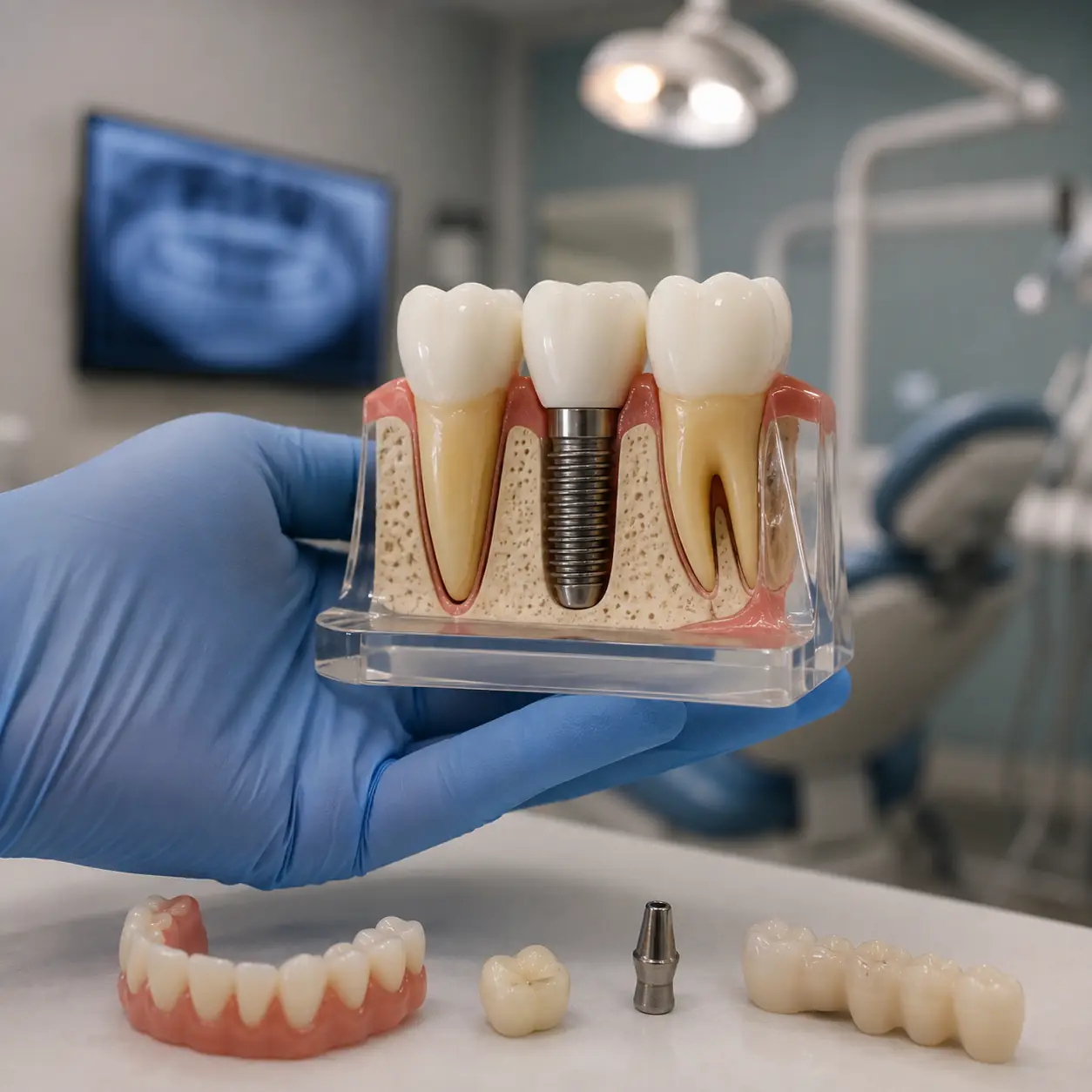 Modelo anatômico de implante dentário apresentado durante consulta na Zanette Odontologia em Botucatu