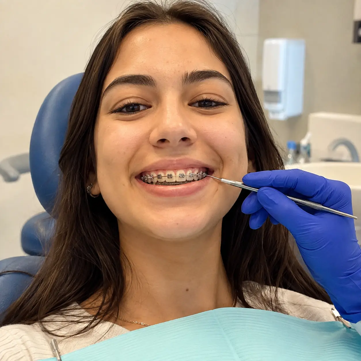 Paciente adolescente sorrindo durante ajuste de aparelho ortodôntico na Zanette Odontologia em Botucatu
